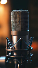 Modern Microphone on Minimalistic Table Under Studio Lights in Professional Audio Setup