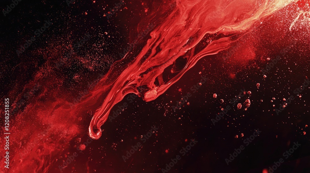 Poster red glitter ink spill flowing on dark background creating a dynamic texture perfect for abstract art
