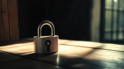 Locked padlock on a wooden table with soft lighting creating shadows and highlights symbolizing security and protection