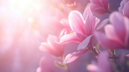 Fototapeta premium Soft pink magnolia blossoms glowing in sunlight creating a dreamy floral background in a serene park setting