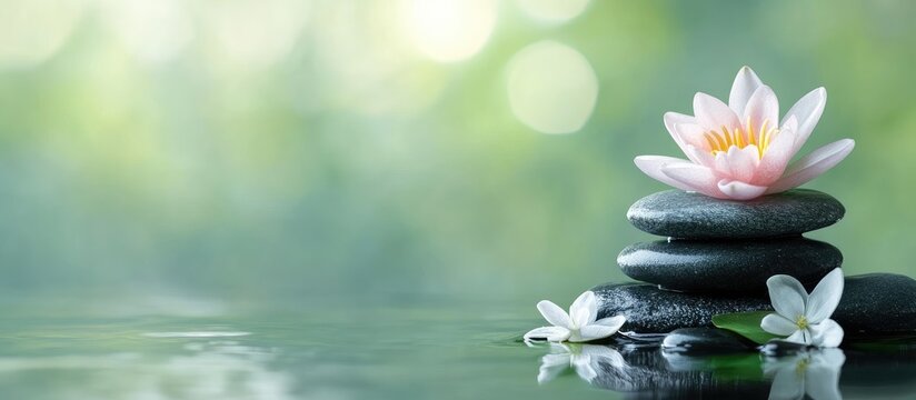 Serene wellness center scene featuring a tranquil woman receiving a soothing massage with vibrant green background and soft pink lotus flower on smooth stones.