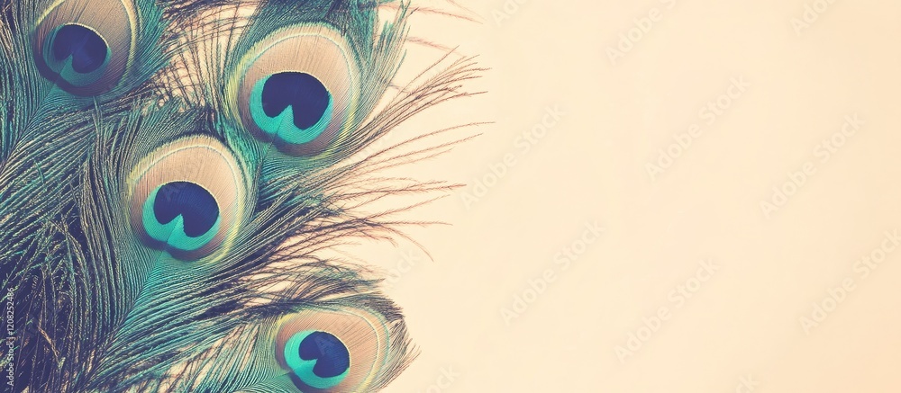 Poster elegant peacock feather display with vibrant green and blue hues on soft beige background creating s