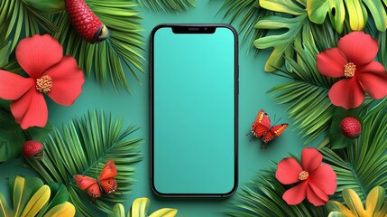 Smartphone Display Amidst Tropical Leaves, Red Flowers, and Butterflies: Nature Meets Technology