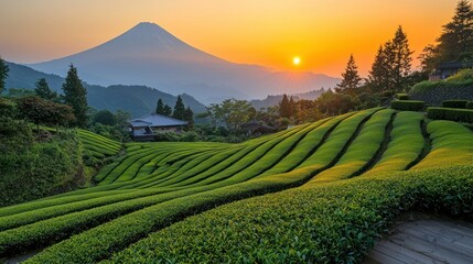 Majestic Mount Fuji Sunrise Over Lush Green Tea Plantation