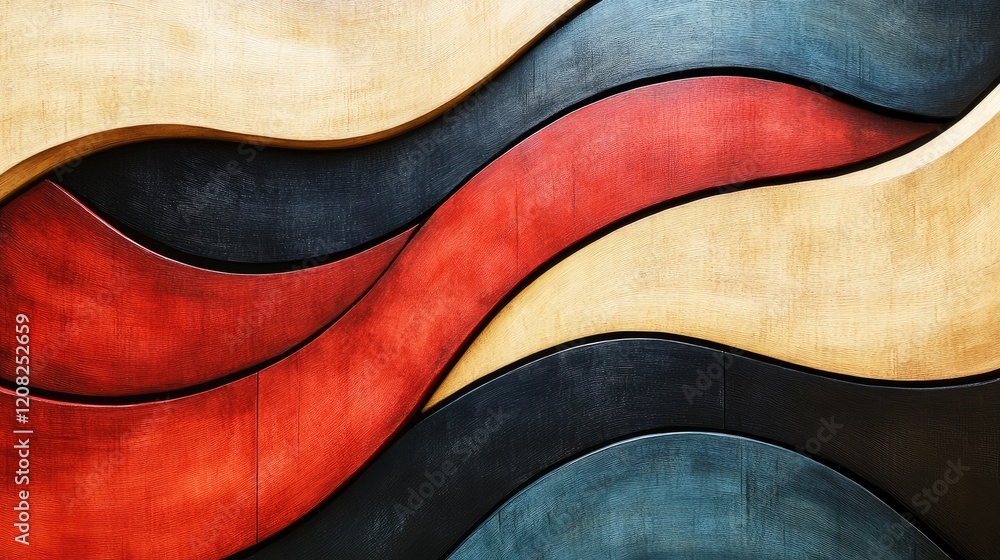 Poster abstract three dimensional pattern of painted curved wood strips in vibrant colors creating a textur