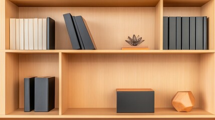 A functional office shelf filled with books, binders, and modern decor items like small sculptures 