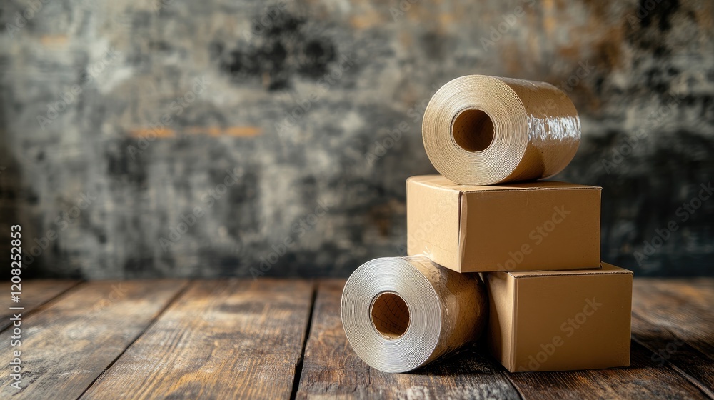 Poster stacked packing tape rolls and cardboard boxes on rustic wooden background for shipping and storage 