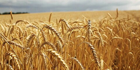 Wheat harvesting event in a serene meadow landscape panoramic view of expansive wheat field under cloudy sky