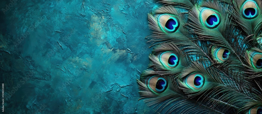 Poster vibrant peacock feathers in rich turquoise decorative texture background with ample space for text a