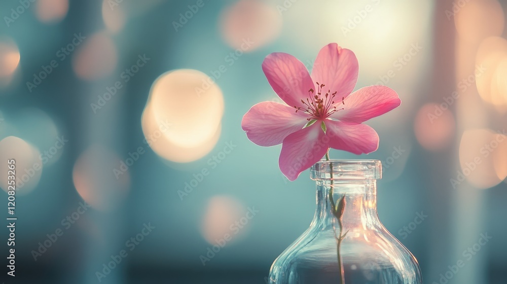 Poster pink flower blooming from a clear glass bottle with soft bokeh background creating a serene and arti
