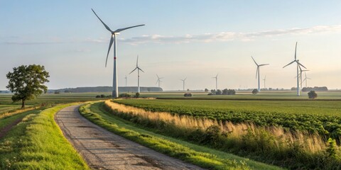 Turbines spinning at a wind-powered farm rural landscape scenic photography natural environment aerial view renewable energy concept