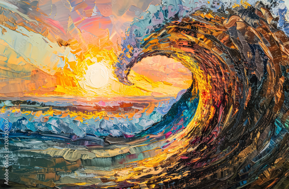 Poster the image captures a beautiful moment of a wave crashing into the ocean, with the sun setting in the