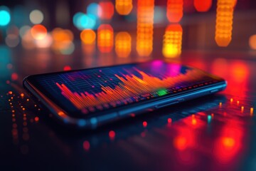 Smartphone Displaying Vibrant Stock Market Chart with Blurred City Lights in Background