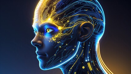  Side view of a humanoid head , representing futuristic technology and artificial intelligence.