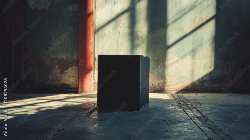 Aufkleber solitary dark box casting shadows in a sunlit abandoned room with textured walls and floor creating 