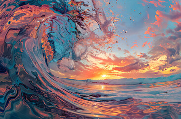 Fototapeta premium Wave crashing into the ocean with a beautiful sunset in the background. The colors of the sunset are warm and inviting, creating a peaceful and serene atmosphere. The water is calm and still