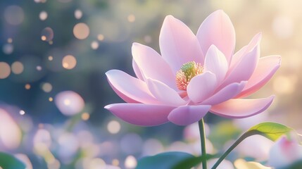 Delicate pink lotus flower blooming in serene garden setting with soft bokeh and gentle light for tranquil nature scene.