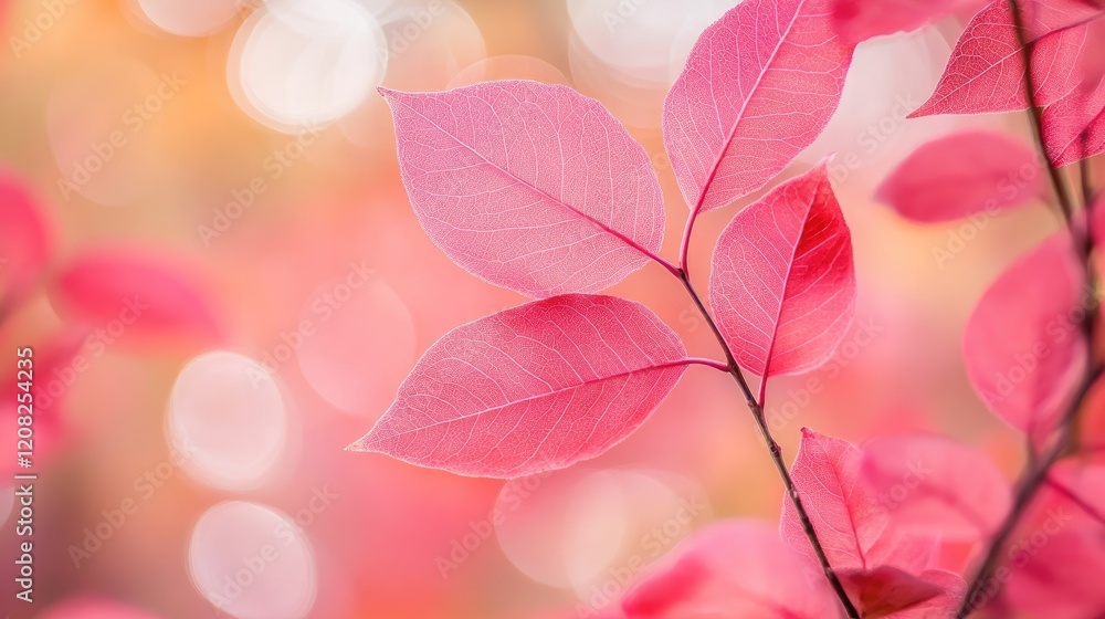 Poster soft pink leaf background with blurred leaves and circular bokeh for elegant design and wallpaper us