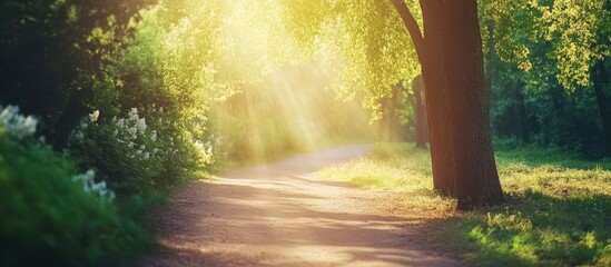 Serene sunlit pathway in a lush green park with trees casting gentle shadows and space for text, capturing the essence of tranquility and nature.