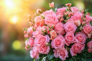 Vibrant Pink Roses in Sunlit Garden - Beautiful Bouquet with Warm Glow