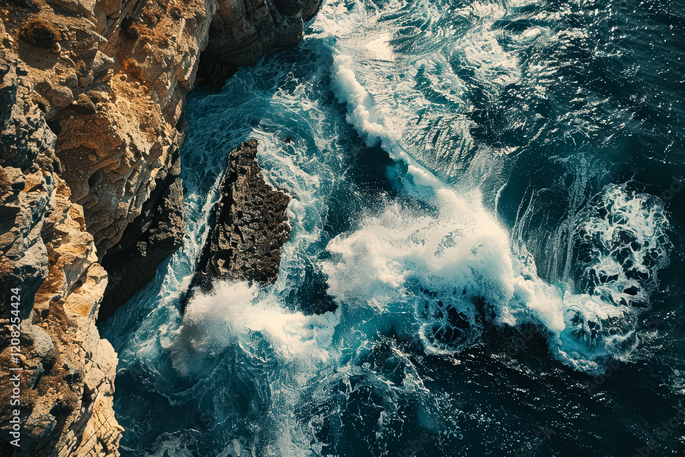 Poster the ocean is crashing against the rocks, creating a powerful and dynamic scene. the water is a deep 