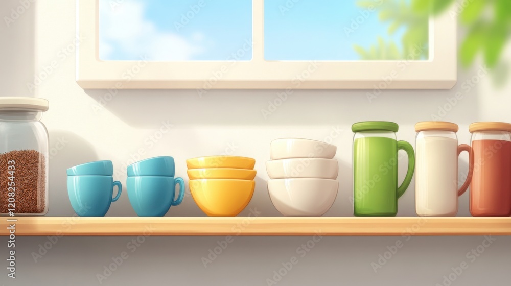 Poster a kitchen scene with an open shelf filled with neatly arranged plates, cups, and jars of spices