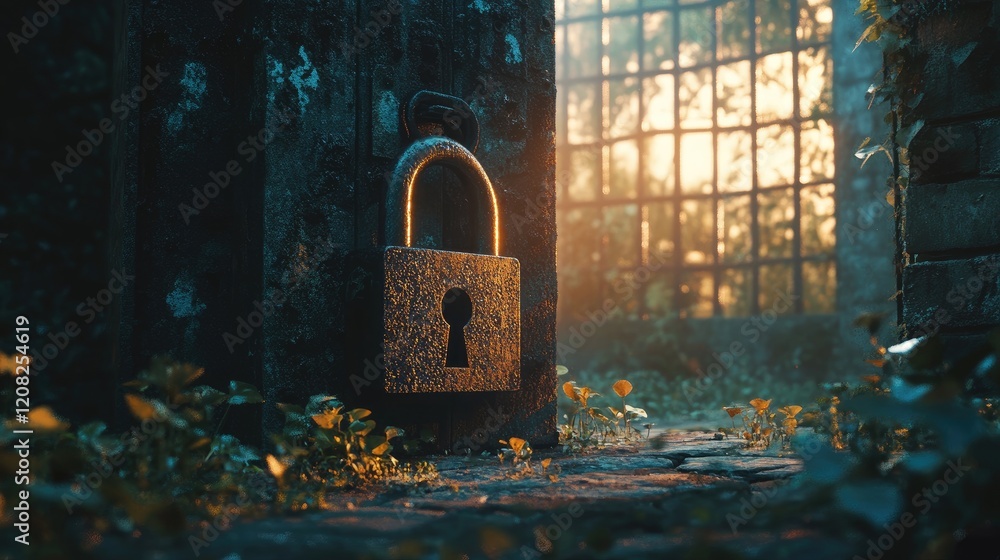 Poster rustic padlock in a serene overgrown setting illuminated by soft sunlight filtering through an old w