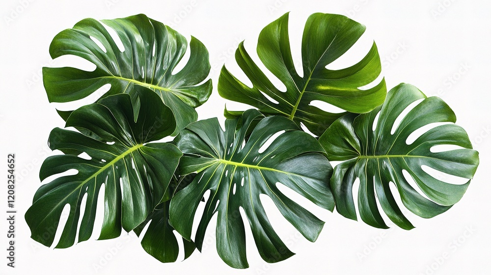Poster isolated green palm leaves with unique patterns on white background