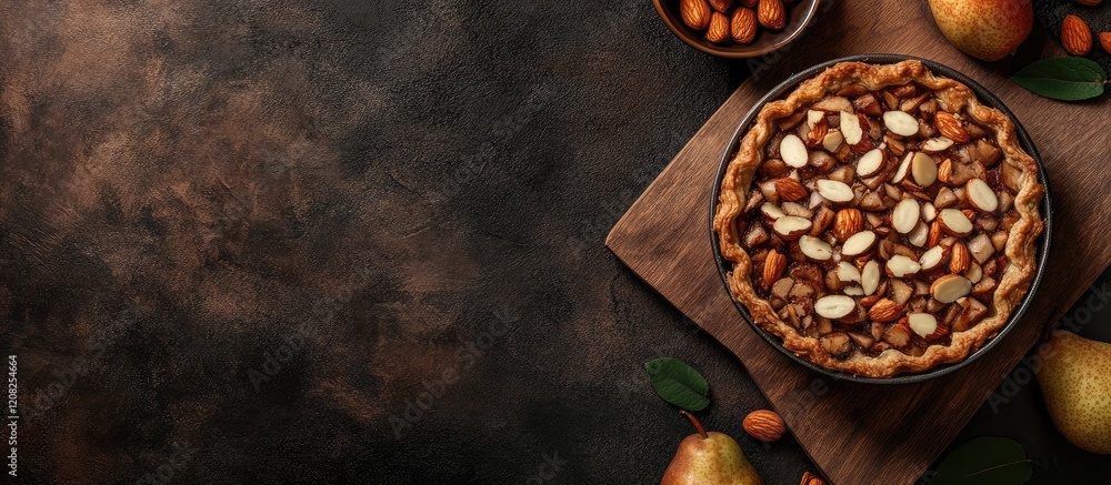 Poster rustic pears and almonds pie on dark wooden board with almonds in bowls and fresh pears on textured 