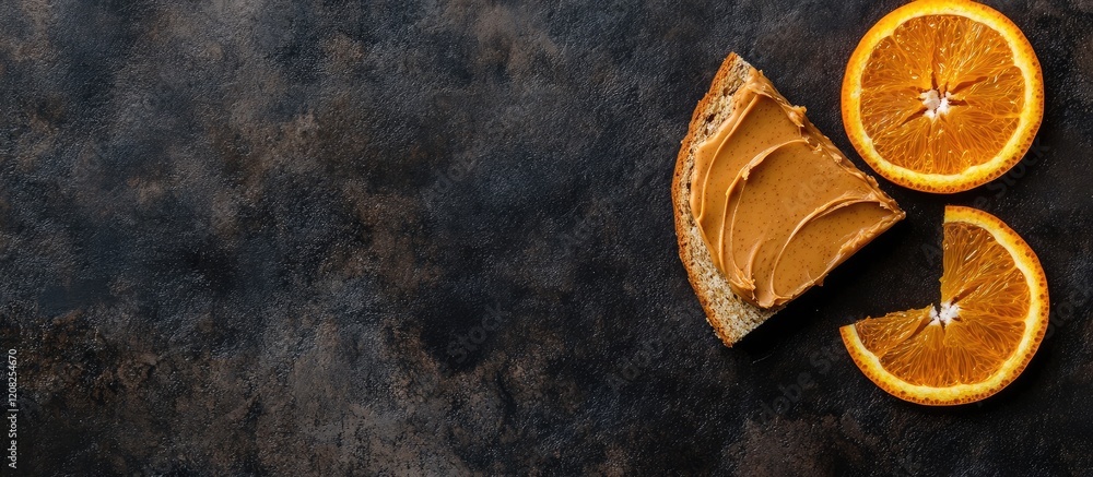 Poster peanut butter slice topped with orange jam beside fresh orange slices on dark textured background wi