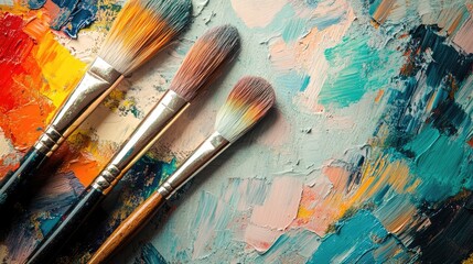 Obraz premium Artistic tools arrangement featuring paint brushes and vibrant color palette on textured canvas background