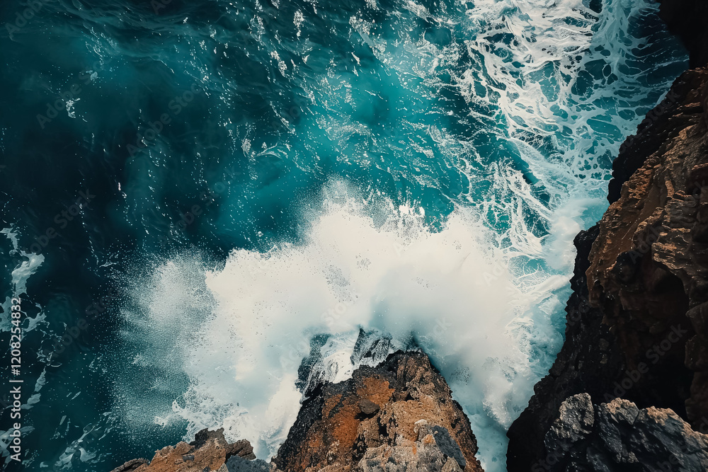 Poster the ocean is crashing against the rocks, creating a powerful and dynamic scene. the water is a deep 