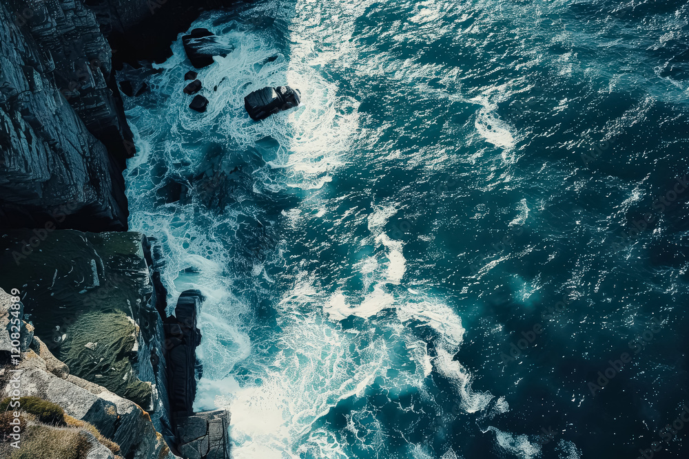 Poster the ocean is crashing against the rocks, creating a powerful and dynamic scene. the water is a deep 
