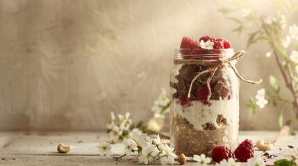 Healthy balanced breakfast in jar, overnight oats topped with raspberry, cashews and chocolate, side view, hight contrast, soft view, negative space