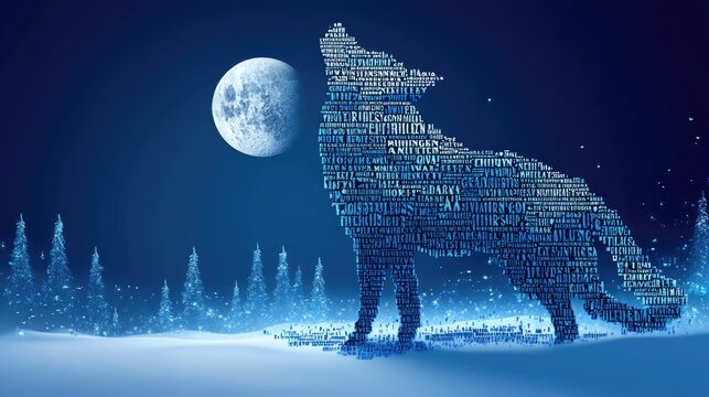 Digital Wolf Howling at Moon: Nighttime Scene with Typography and Snowy Forest