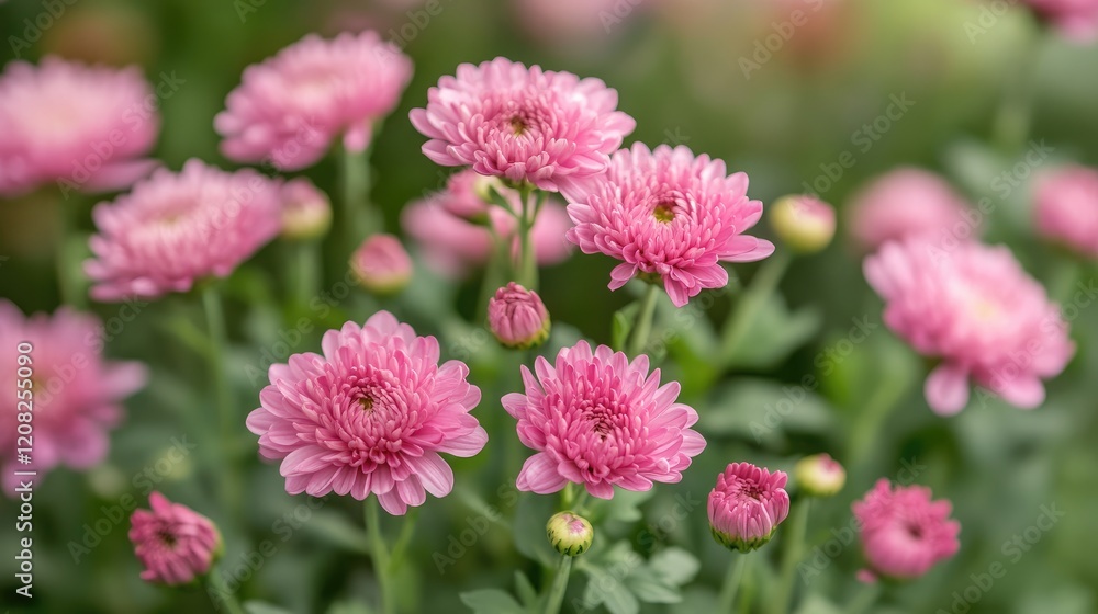 Aufkleber pink chrysanthemum flowers in close-up showcasing delicate petals and soft background with shallow d