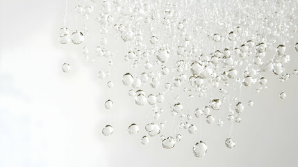 Fototapeta premium A soft spray of water droplets in motion, suspended mid-air against a plain white backdrop with high focus and proper lighting