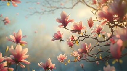Delicate pink magnolia blossoms illuminated by soft sunlight during a serene spring day in a tranquil natural setting.