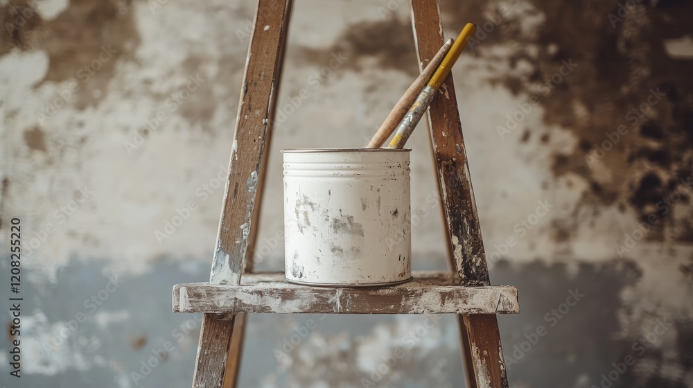 Poster paint can and brushes resting on a wooden ladder shelf in a rustic interior setting with weathered w