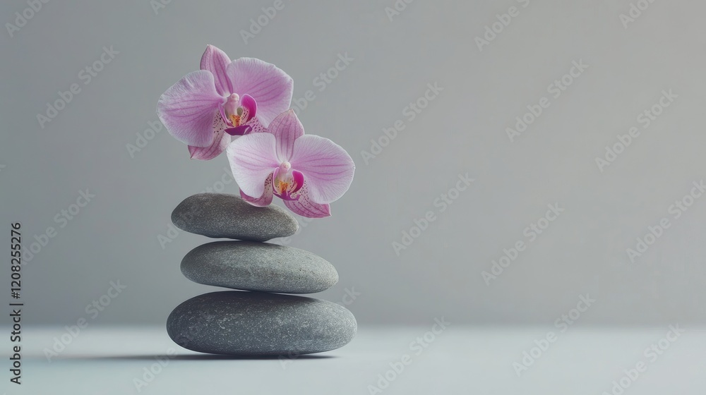 Poster orchids resting atop a balanced stack of smooth stones on a serene white background showcasing tranq