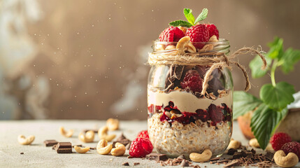 Healthy balanced breakfast in jar, overnight oats topped with raspberry, cashews and chocolate, side view, hight contrast, soft view, negative space
