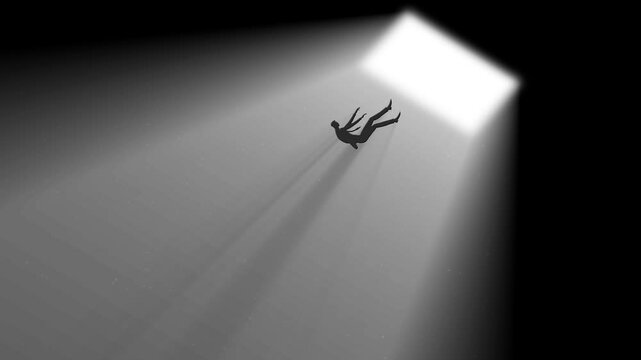 Dramatic Scene of a man Failing from hole light. low Angle Wide View. Surreal concept of a person fail deep down. Emotional sinking. Suffering, Depression and Surrealism imagination
