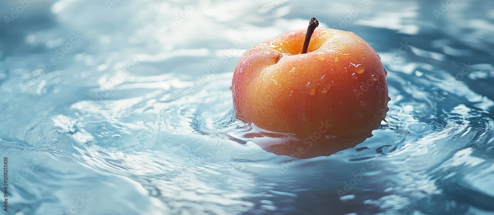Poster peach floating elegantly in crisp clear water with soft ripples and ample empty space for text compo