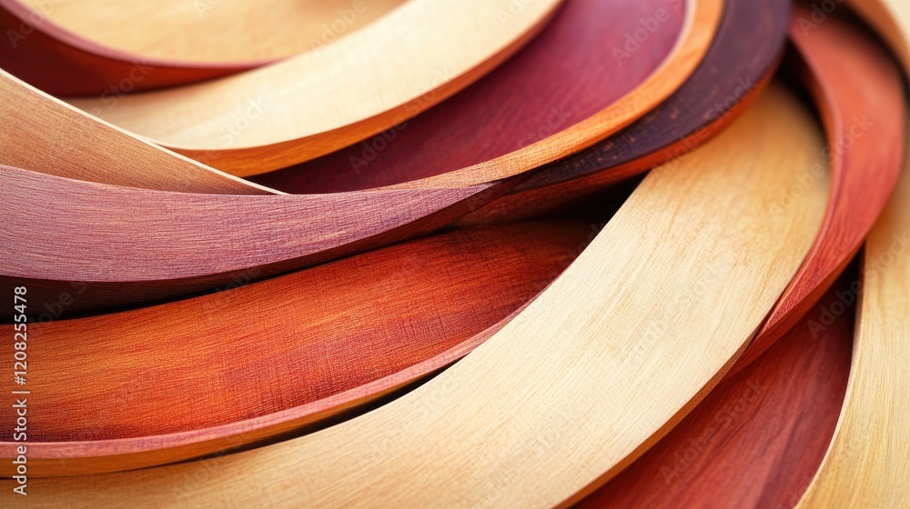 Poster curved wooden strips in various hues creating a dynamic three-dimensional abstract texture backgroun