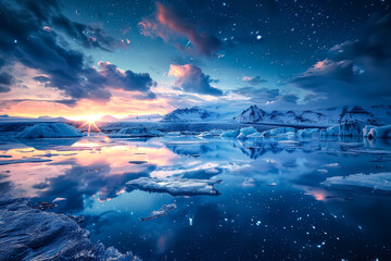 Fototapeta premium Beautiful blue sky with a sun setting in the background. The sky is filled with clouds and the sun is setting behind them. The water is calm and the sky is a deep blue color