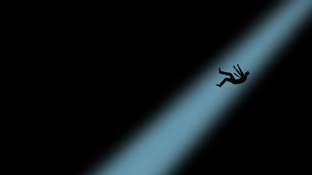 Failing in The Dark. A Dramatic Scene of a Man Floating Deep Down into Void. Passing Through Light Dust Line. Darkness, Loneliness and Depression. Metaphor and Melancholy. Surrealism. Minimalist