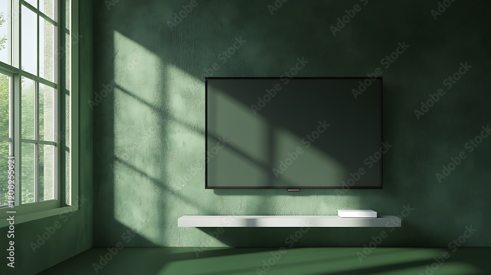 Poster modern flat-screen tv displayed on a minimalist dark green backdrop with ample copy space at the bot