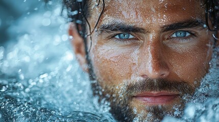Man with piercing blue eyes in cascading water