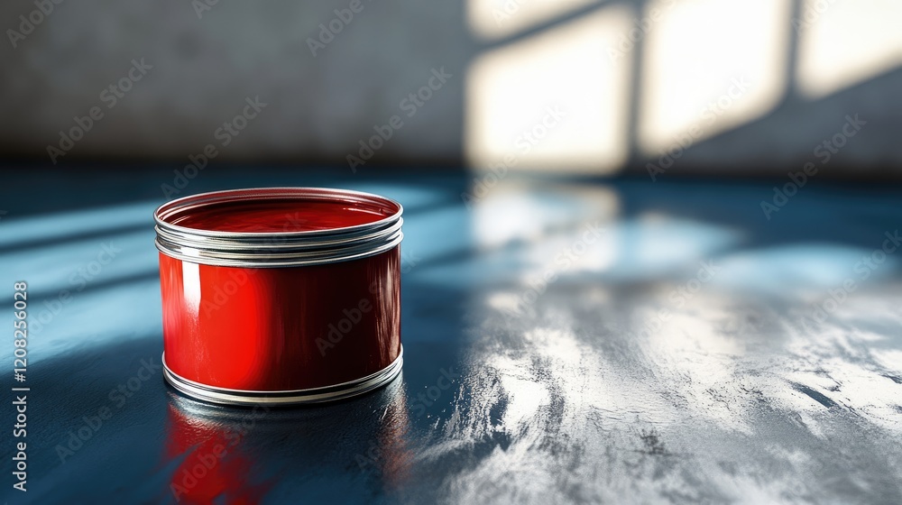 Poster red paint can on a reflective surface with soft sunlight creating shadows in a rustic interior setti