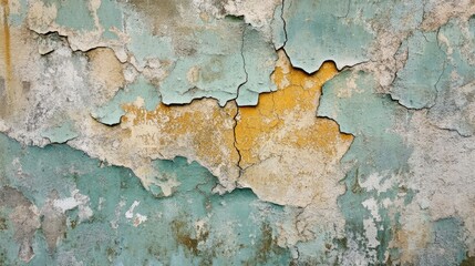 Obraz premium Worn cracked wall texture with peeling paint in faded colors showcasing an aged weathered surface